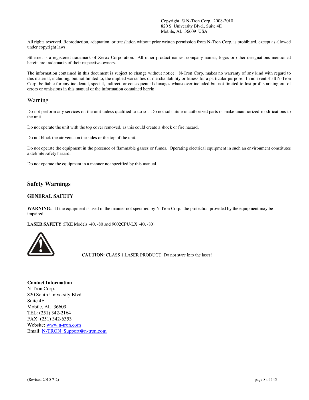 N-Tron 9000 user manual Safety Warnings, Contact Information 