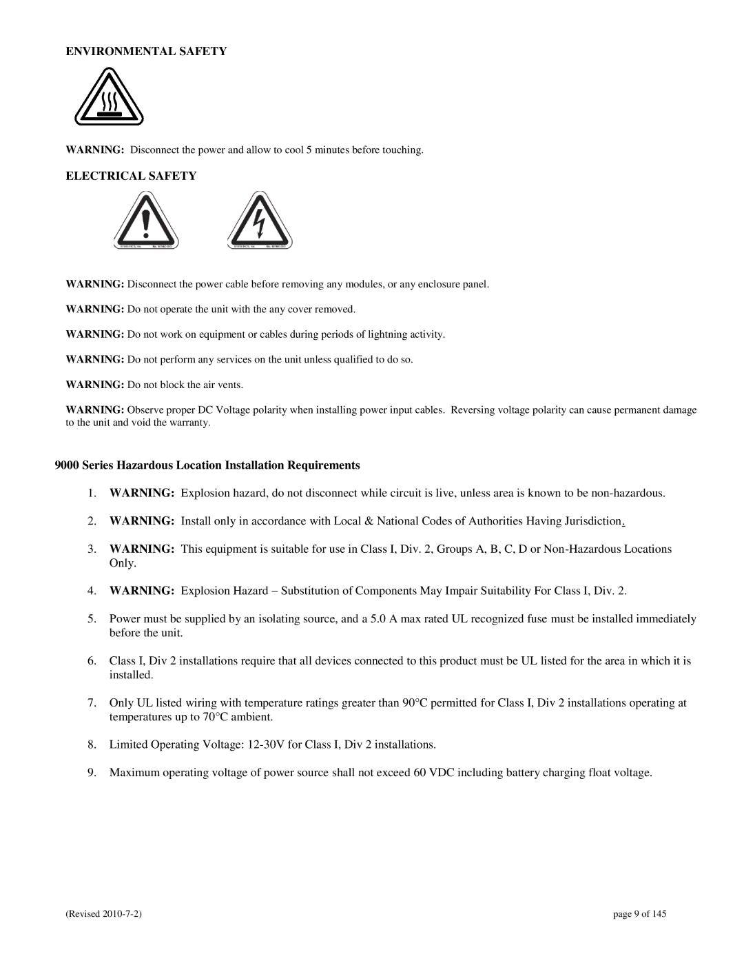 N-Tron 9000 user manual Environmental Safety Electrical Safety, Series Hazardous Location Installation Requirements 