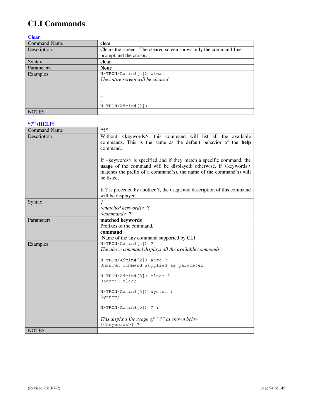 N-Tron 9000 user manual CLI Commands, Clear, ? Help 