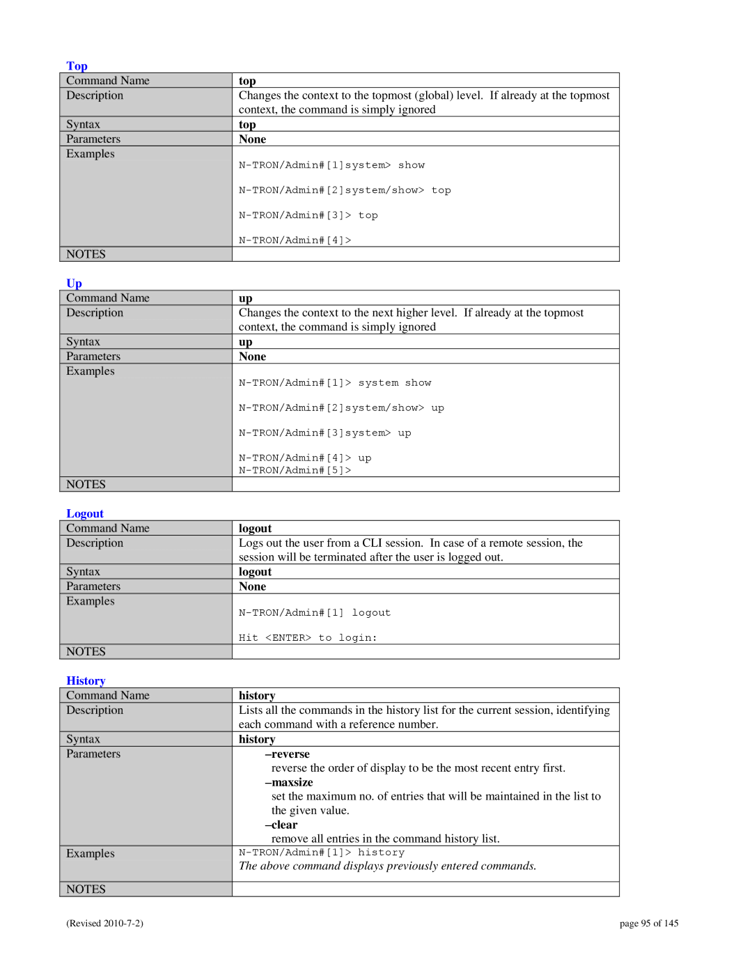 N-Tron 9000 user manual Top, Logout, History 