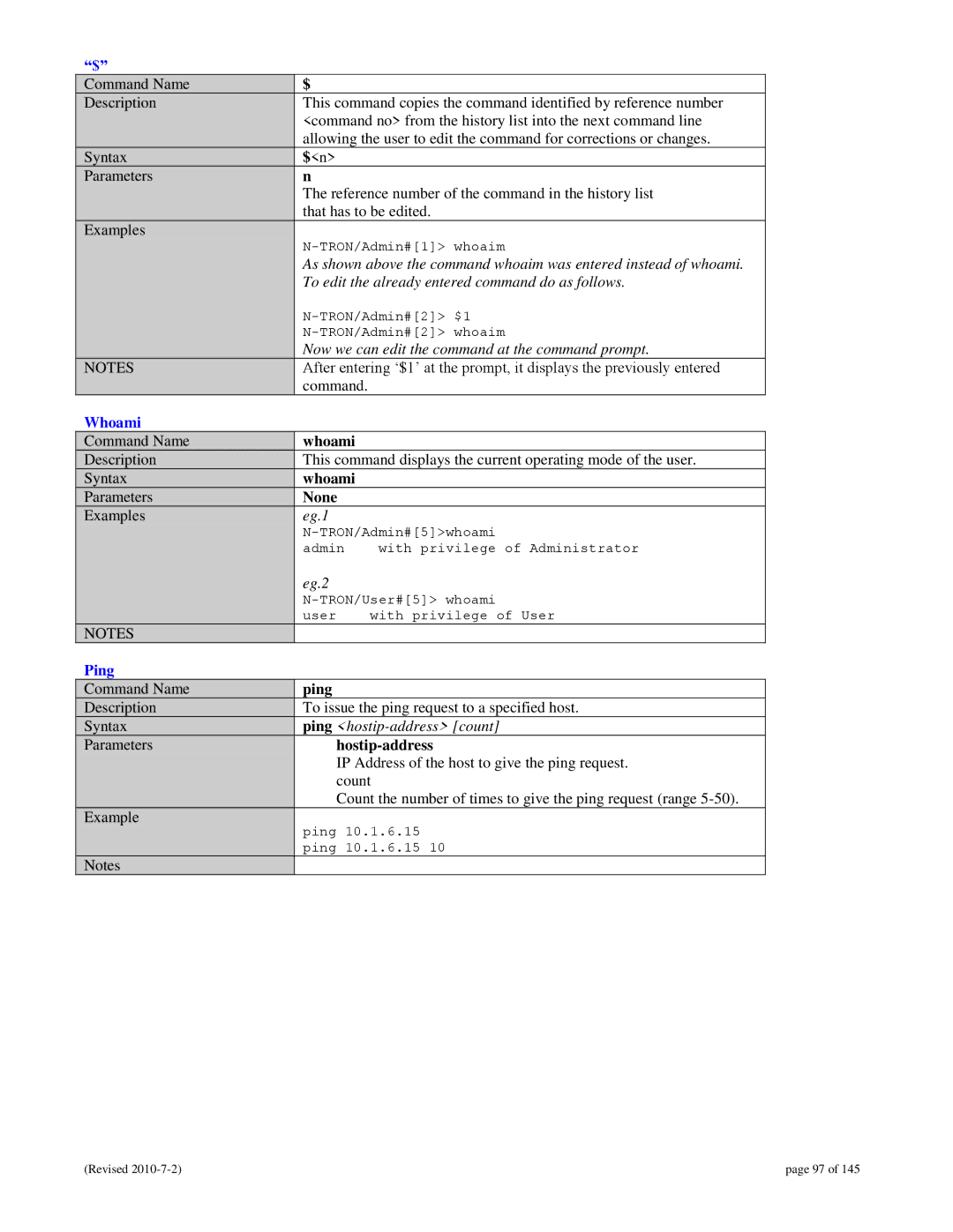 N-Tron 9000 user manual Whoami, Ping, Hostip-address 