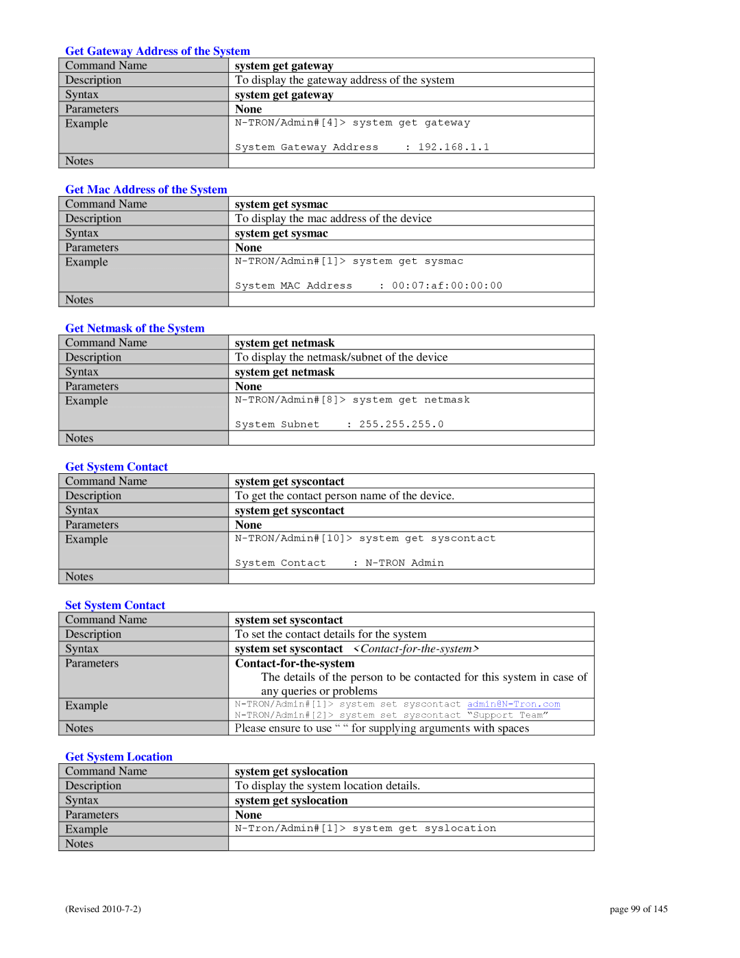 N-Tron 9000 user manual Get Gateway Address of the System, Get Mac Address of the System, Get Netmask of the System 