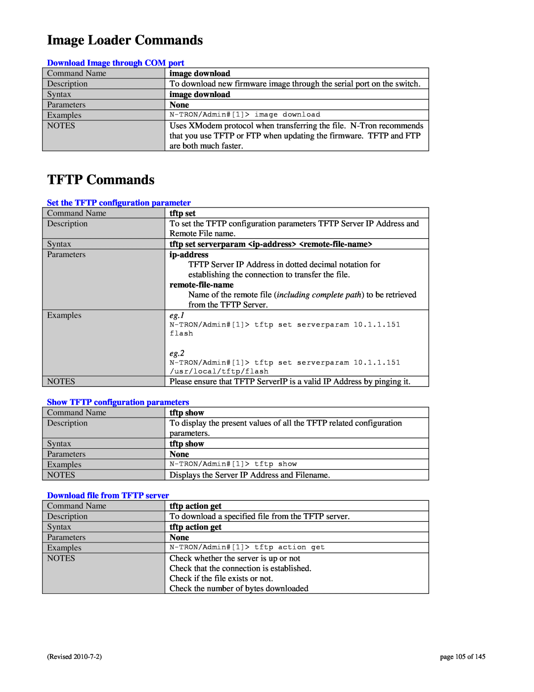 N-Tron 9000 Image Loader Commands, TFTP Commands, Download Image through COM port, Set the TFTP configuration parameter 