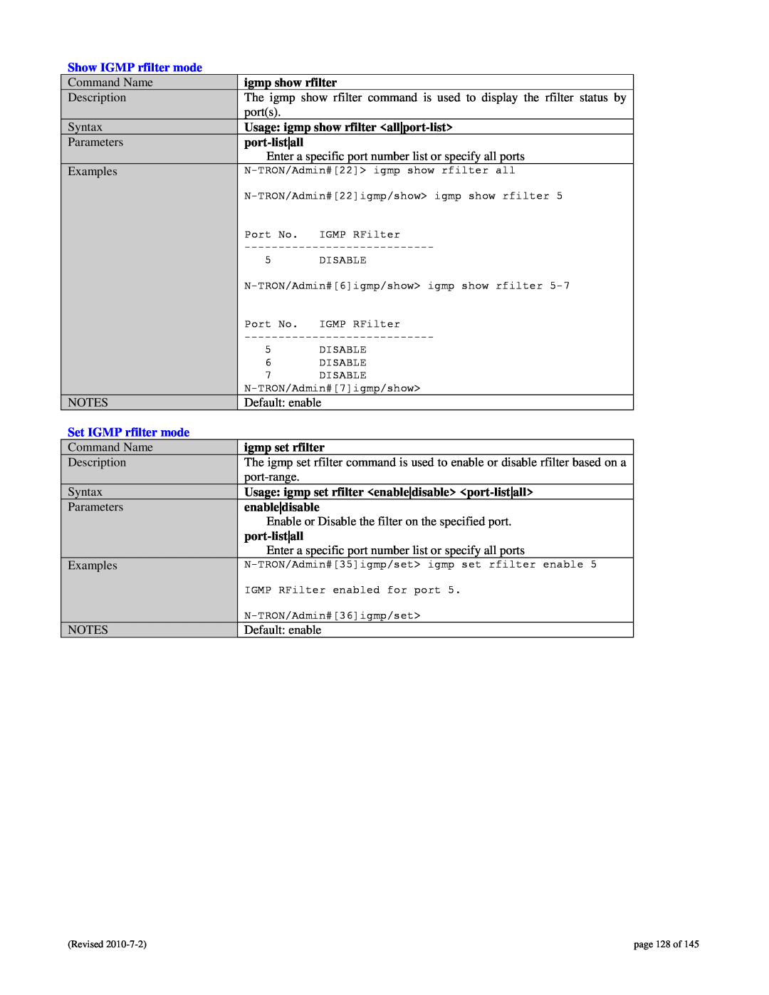 N-Tron 9000 user manual Show IGMP rfilter mode, Set IGMP rfilter mode, page 128 of 