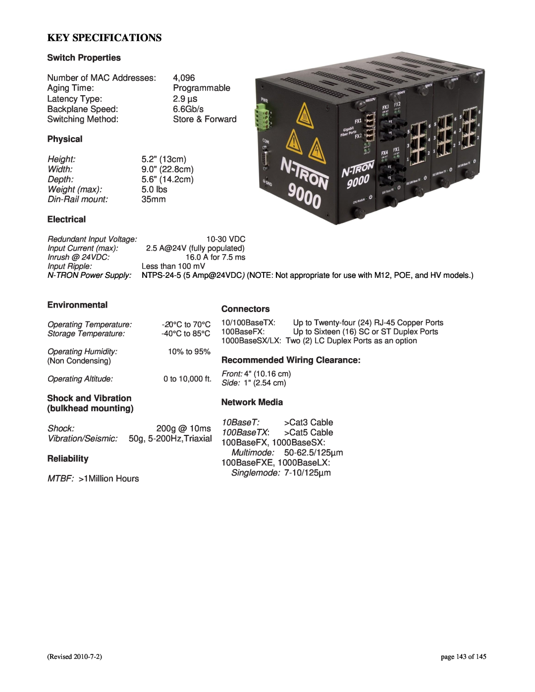 N-Tron 9000 Key Specifications, Switch Properties, Physical, Electrical, Environmental, Shock and Vibration, Reliability 