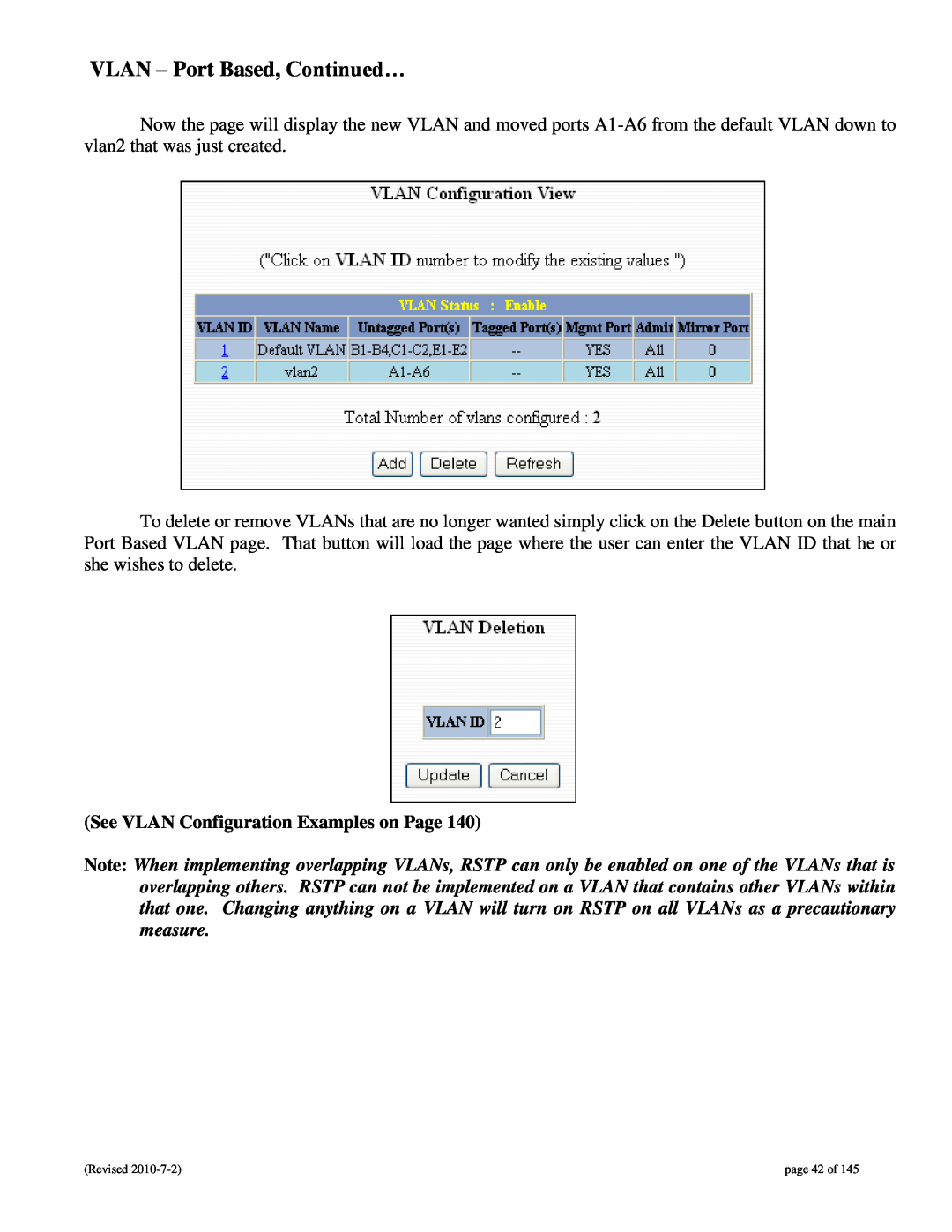 N-Tron 9000 user manual VLAN - Port Based, Continued…, See VLAN Configuration Examples on Page, page 42 of 