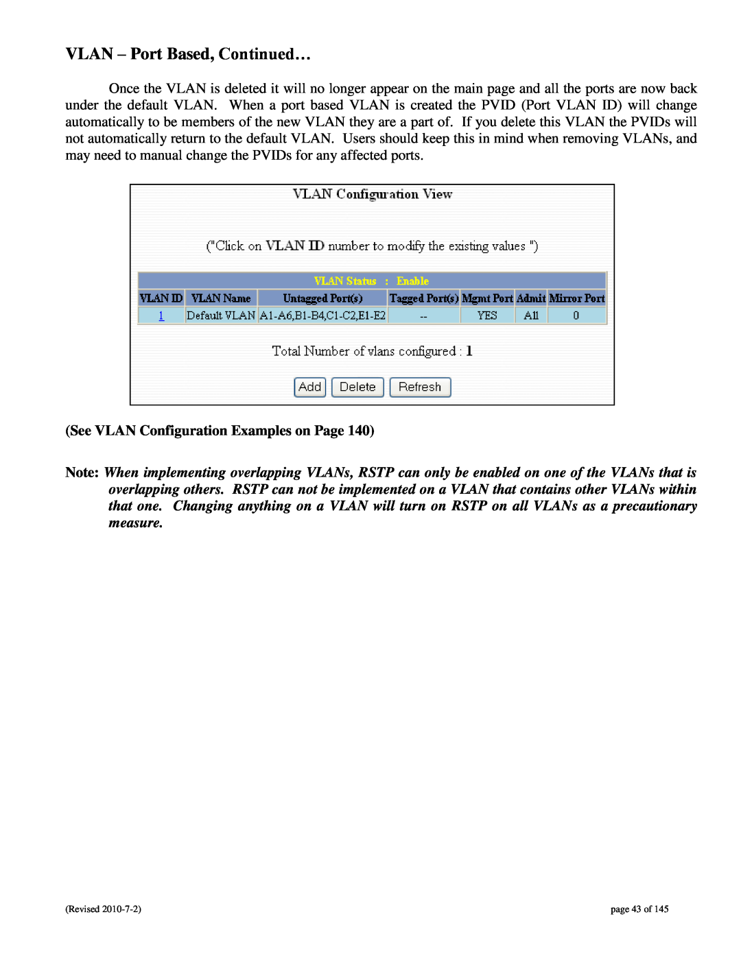 N-Tron 9000 user manual VLAN - Port Based, Continued…, See VLAN Configuration Examples on Page, page 43 of 