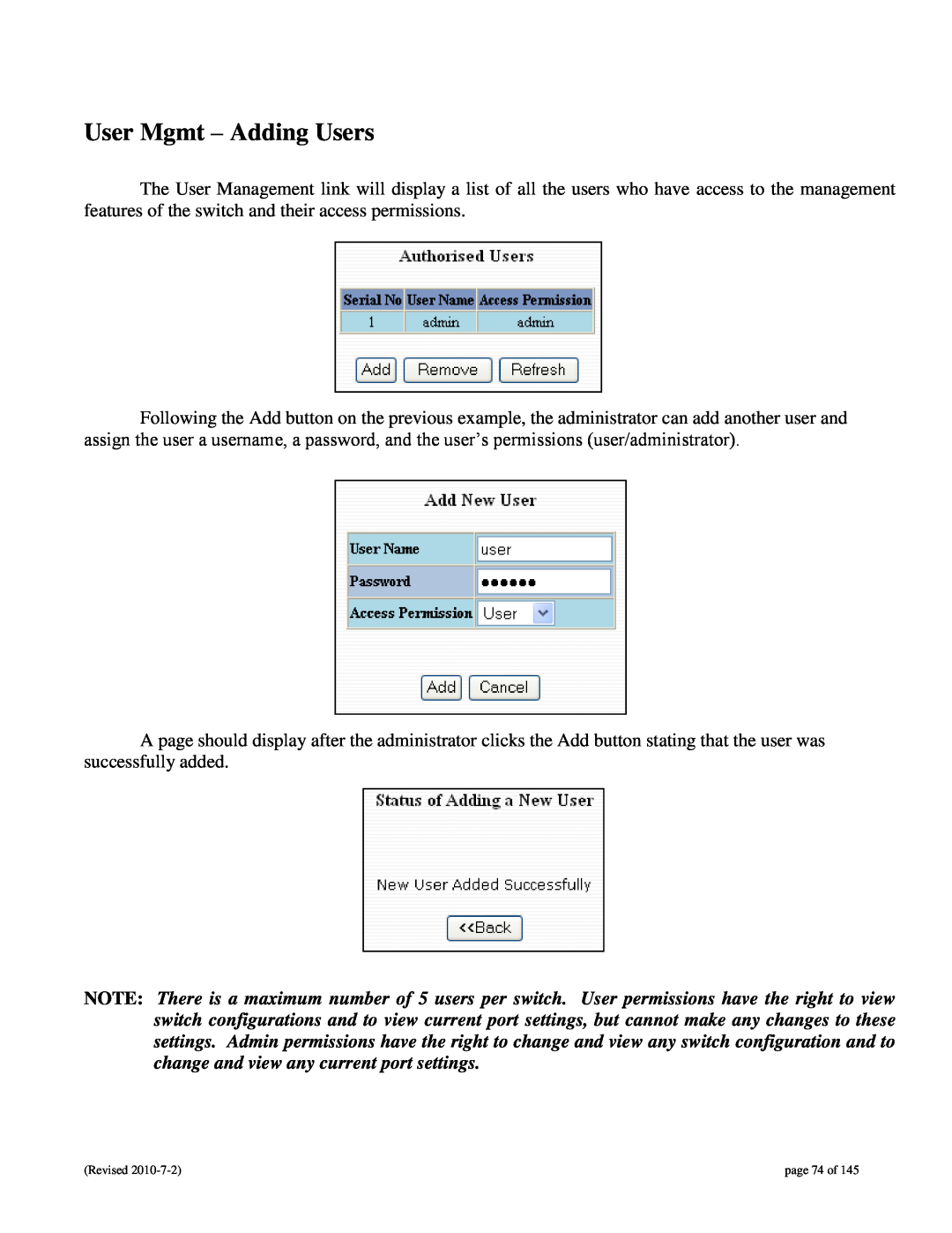N-Tron 9000 user manual User Mgmt - Adding Users, page 74 of 