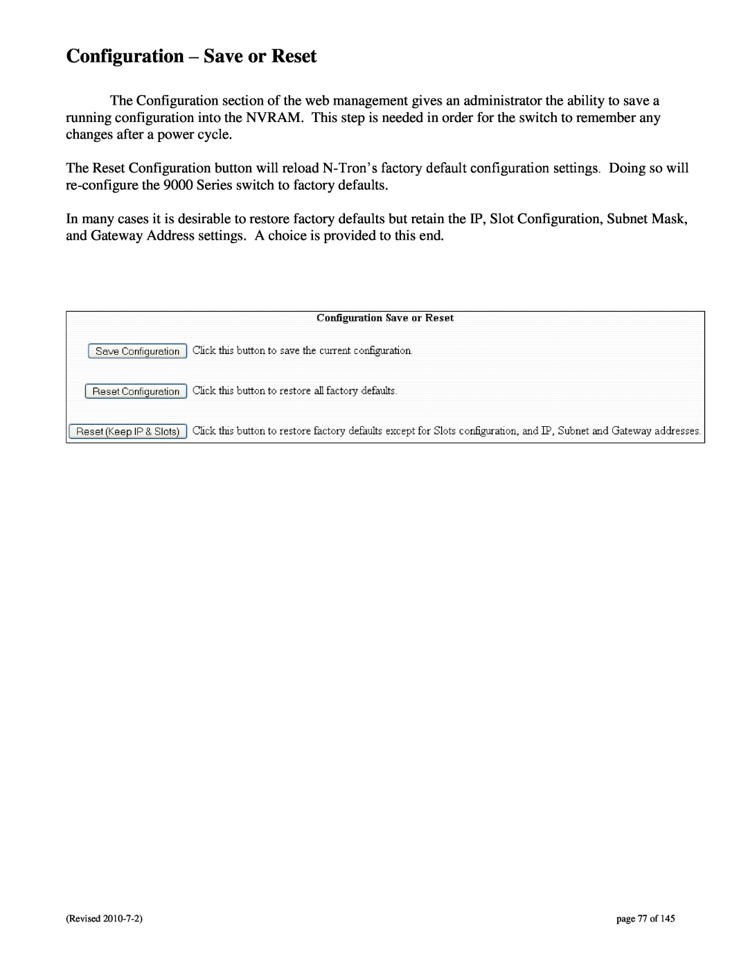 N-Tron 9000 user manual Configuration - Save or Reset, page 77 of 
