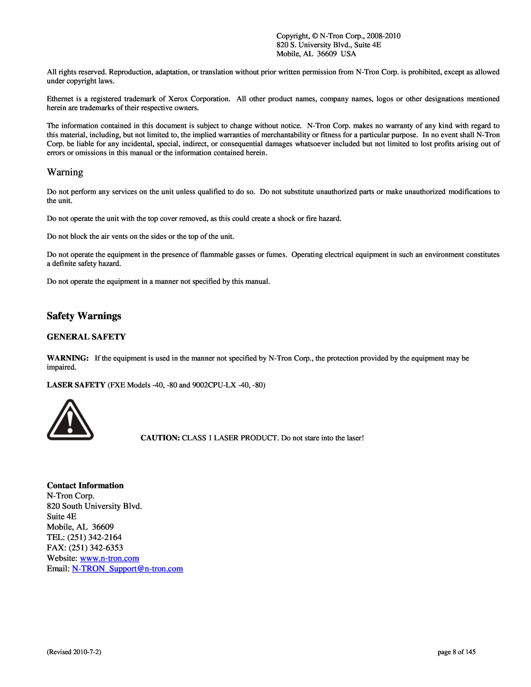 N-Tron 9000 user manual Safety Warnings, General Safety, Contact Information, Email N-TRONSupport@n-tron.com 