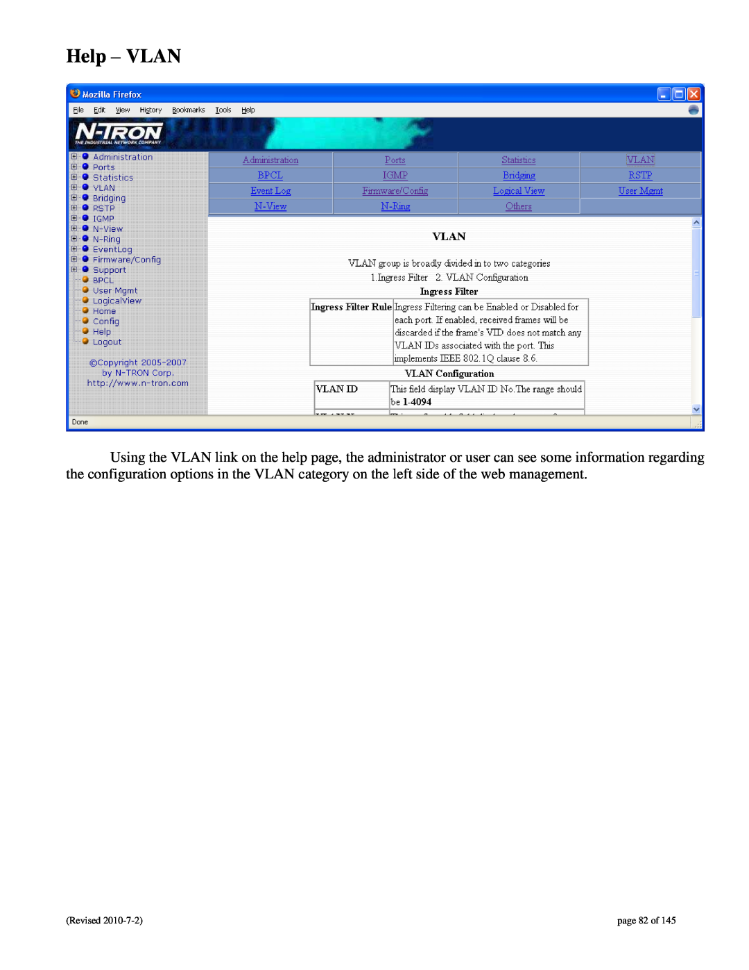 N-Tron 9000 user manual Help - VLAN, page 82 of 