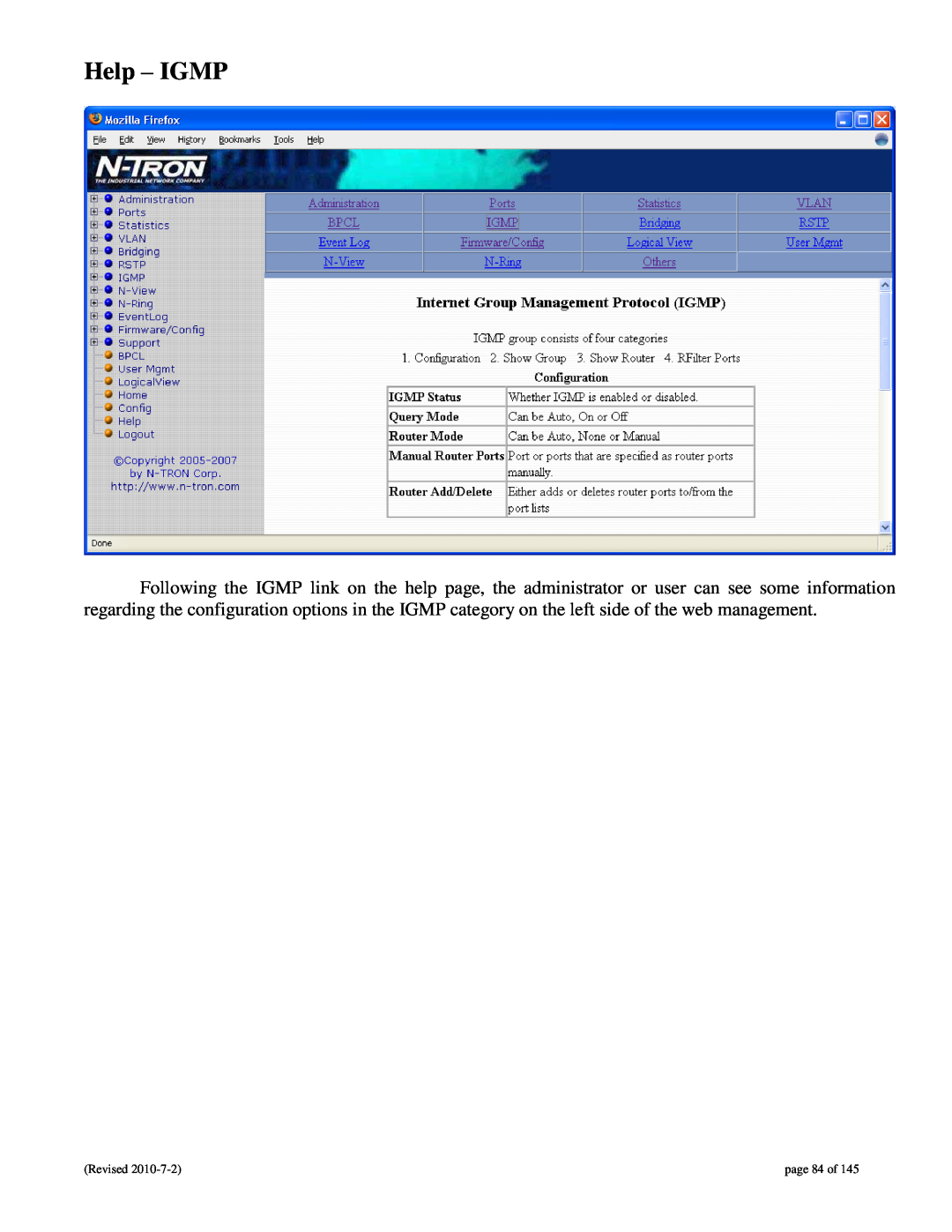 N-Tron 9000 user manual Help - IGMP, page 84 of 