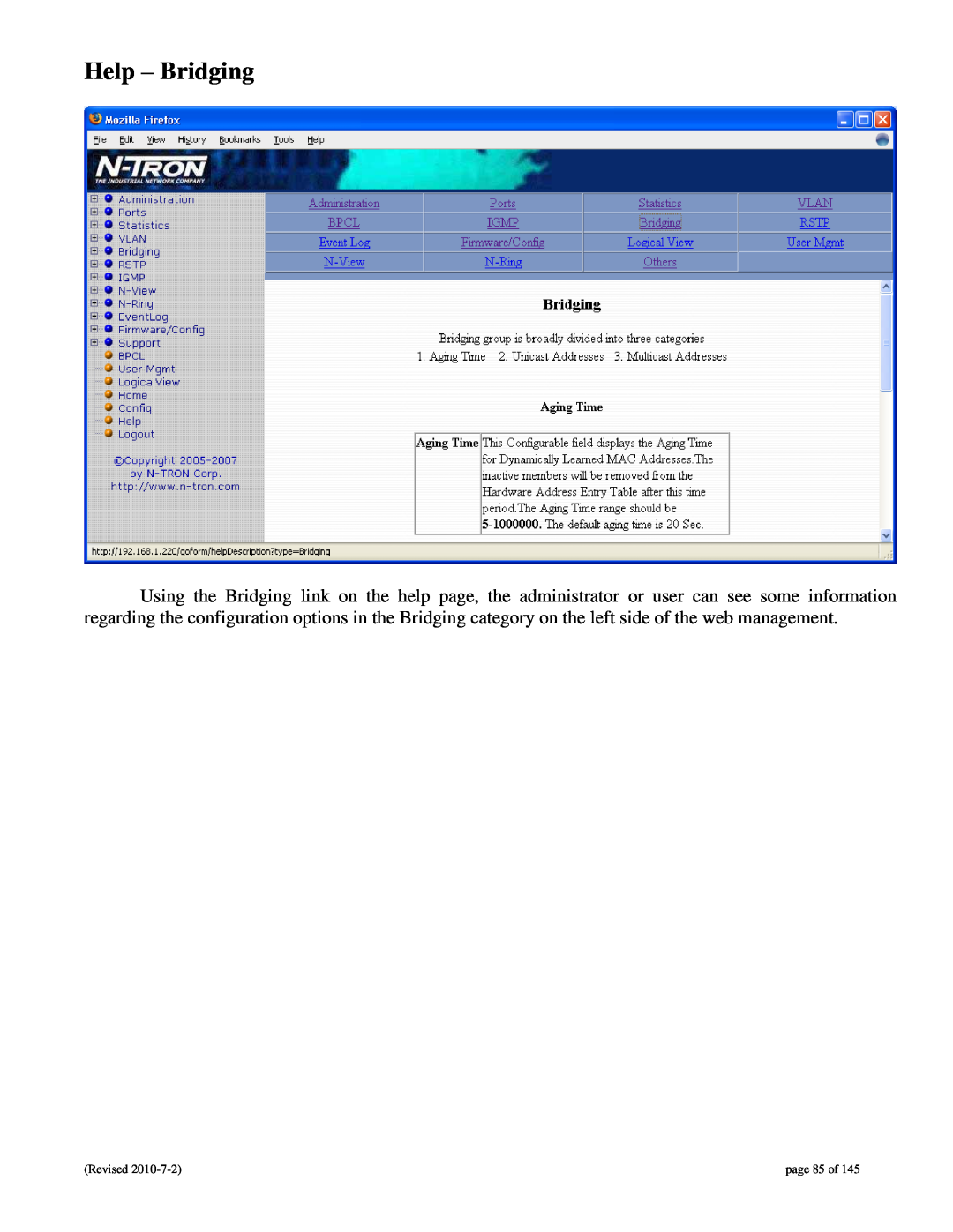 N-Tron 9000 user manual Help - Bridging, page 85 of 