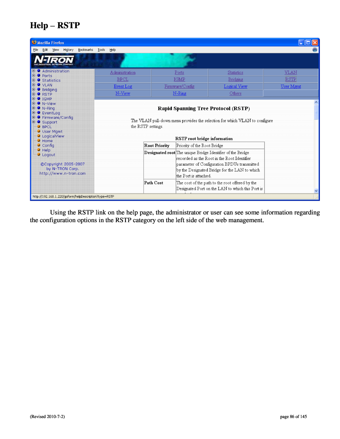N-Tron 9000 user manual Help - RSTP, page 86 of 