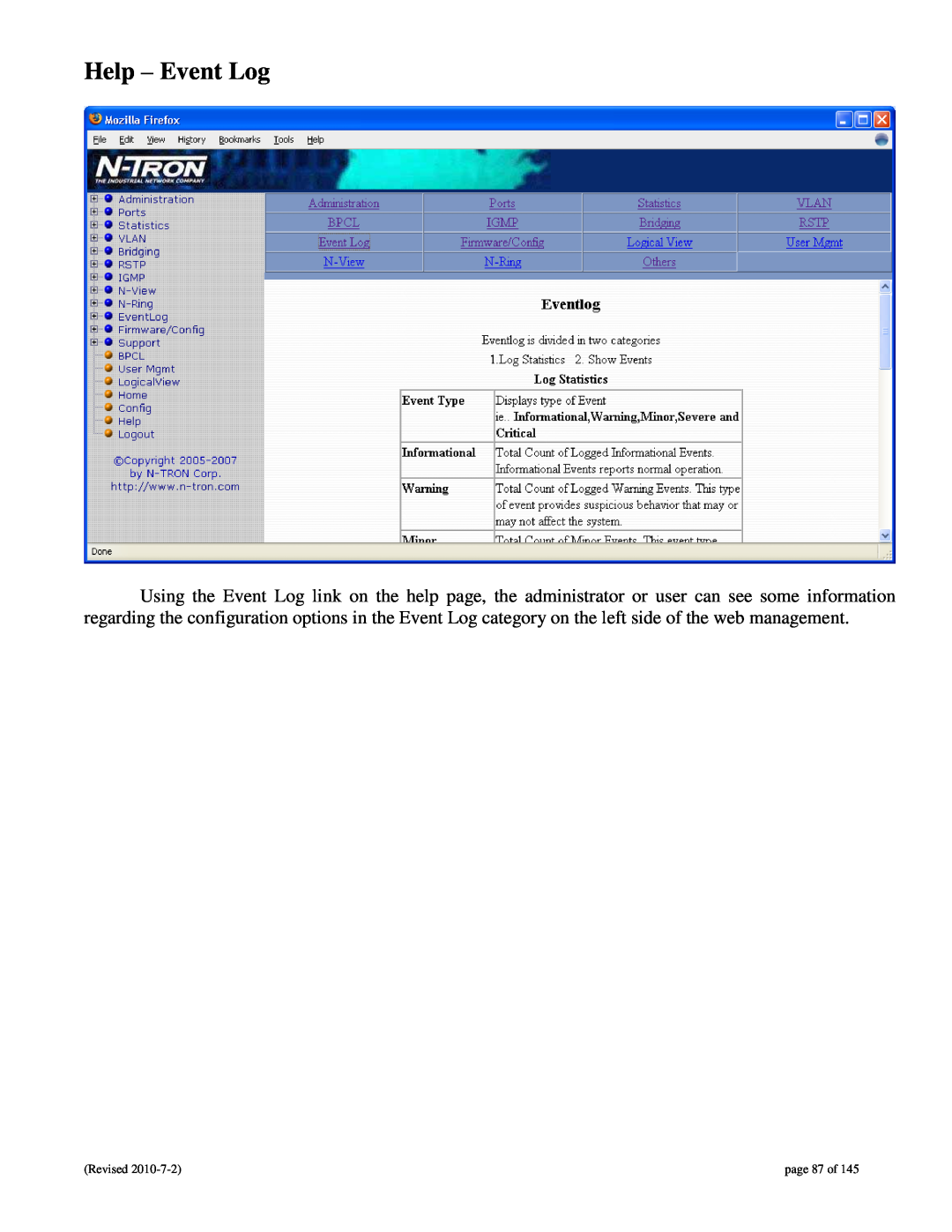 N-Tron 9000 user manual Help - Event Log, page 87 of 