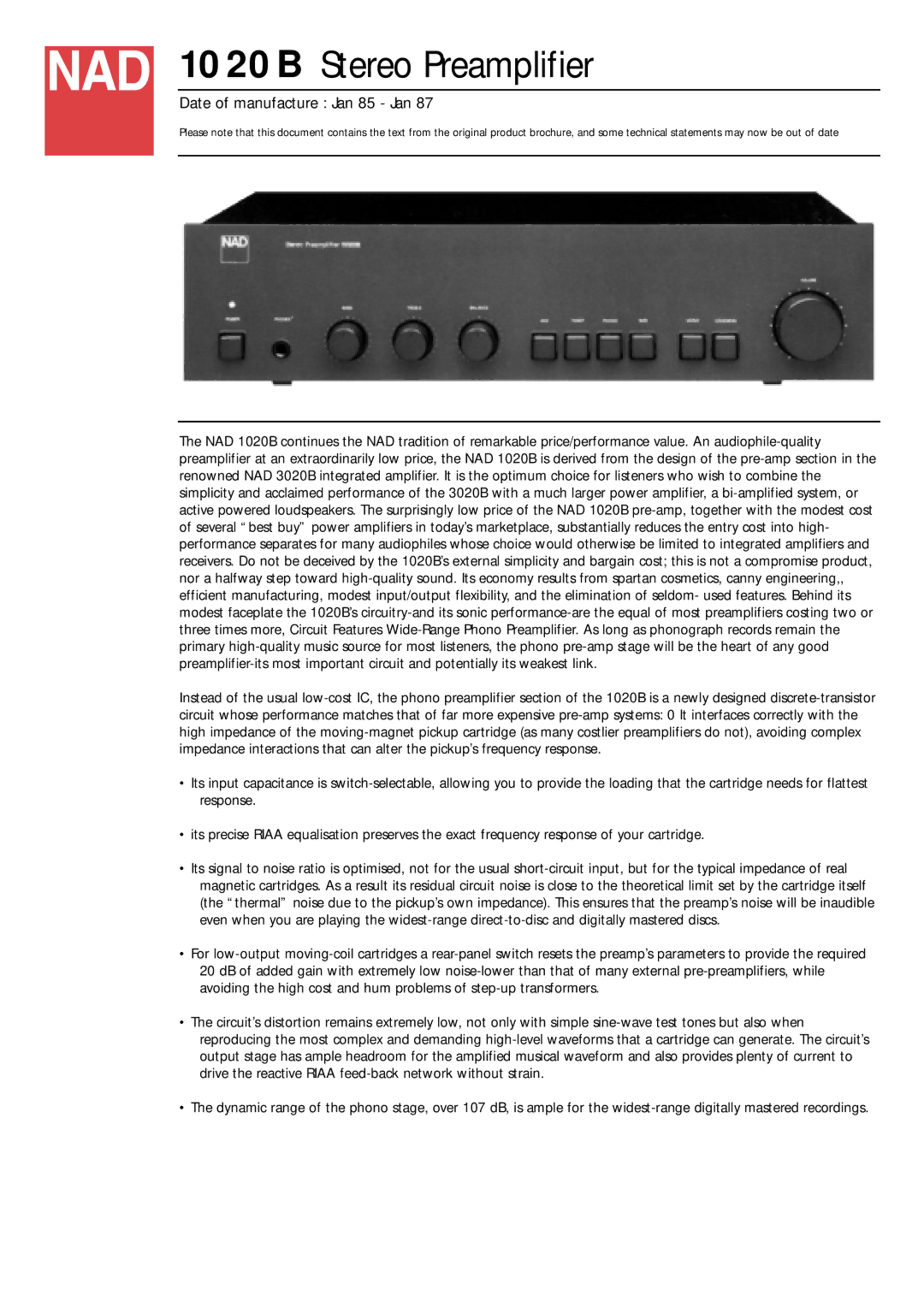 NAD 10 20 B brochure 1020B Stereo Preamplifier 