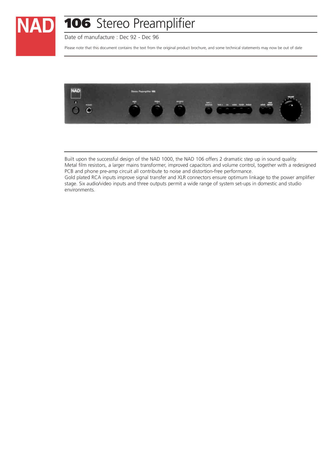 NAD 106 brochure Stereo Preamplifier, Date of manufacture Dec 92 Dec 