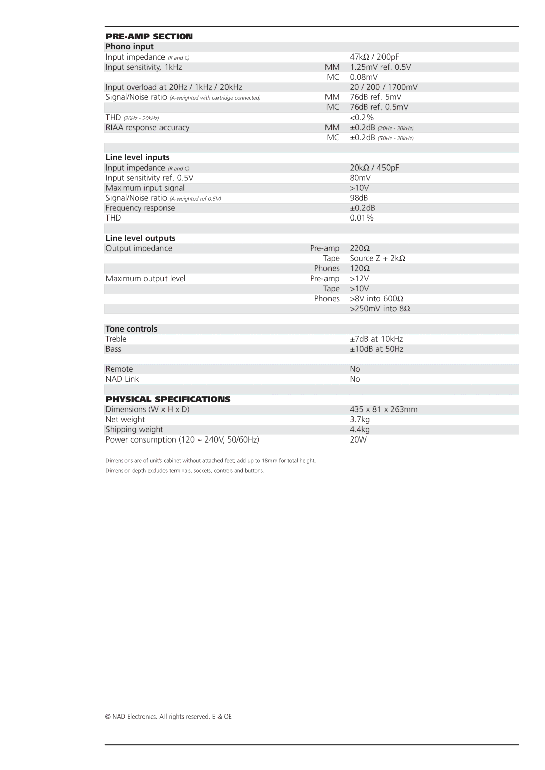 NAD 106 brochure PRE-AMP Section, Physical Specifications 