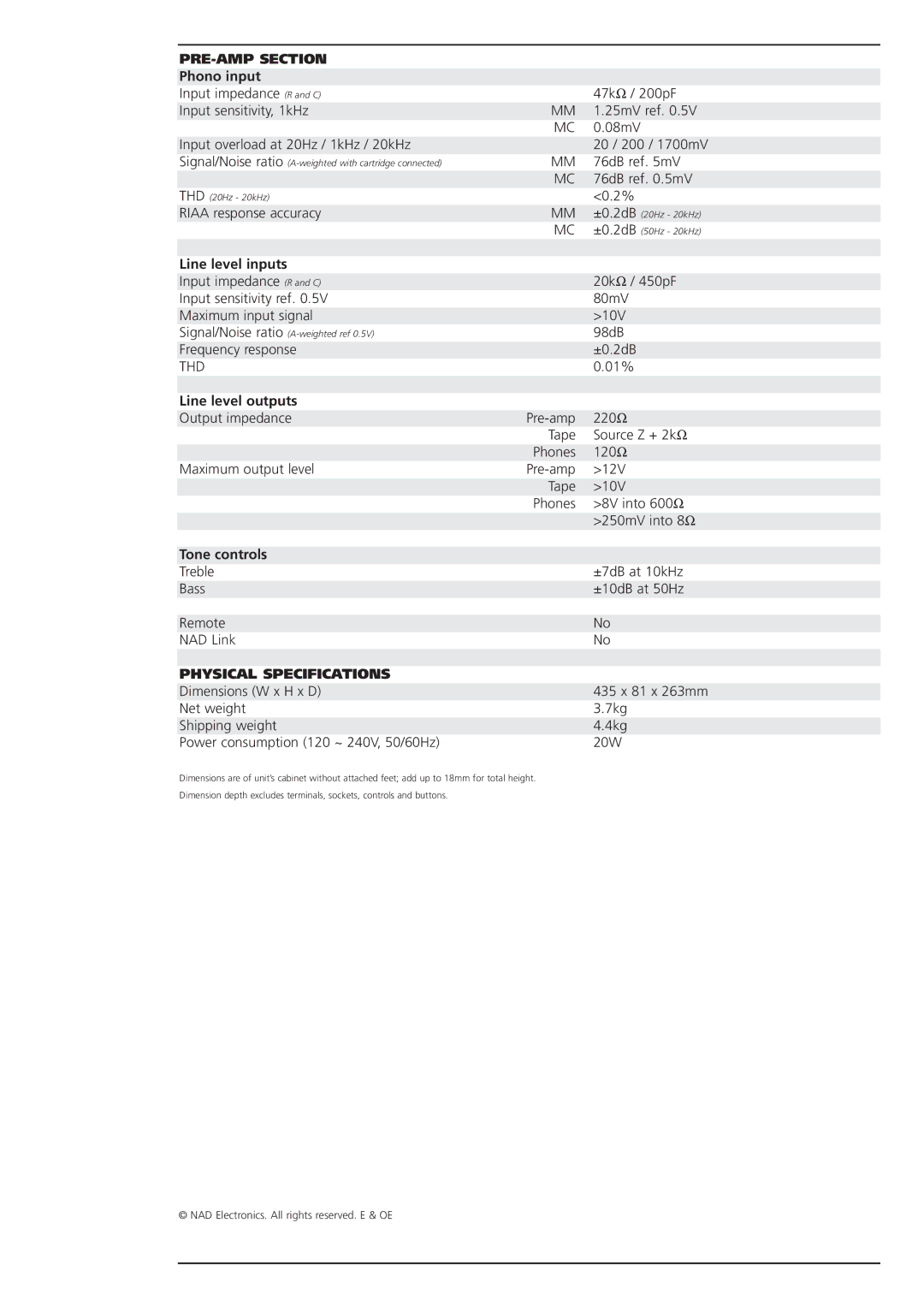 NAD 1130 brochure PRE-AMP Section, Physical Specifications 