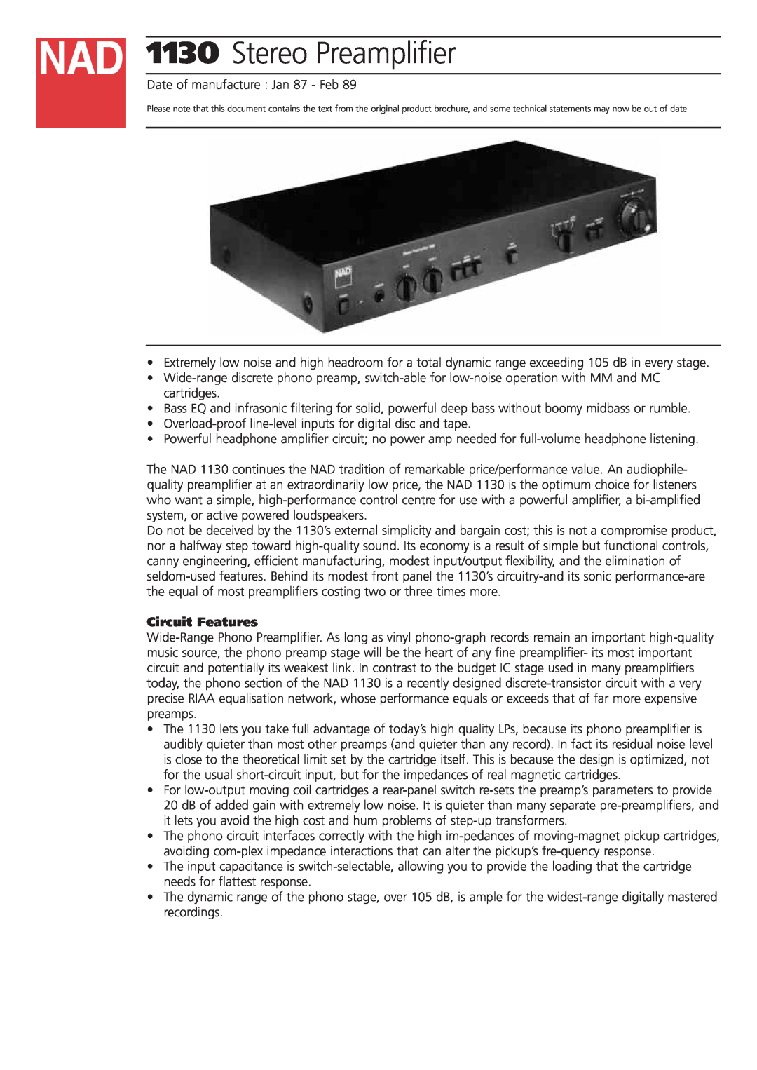 NAD 1130 brochure Circuit Features, Stereo Preamplifier 