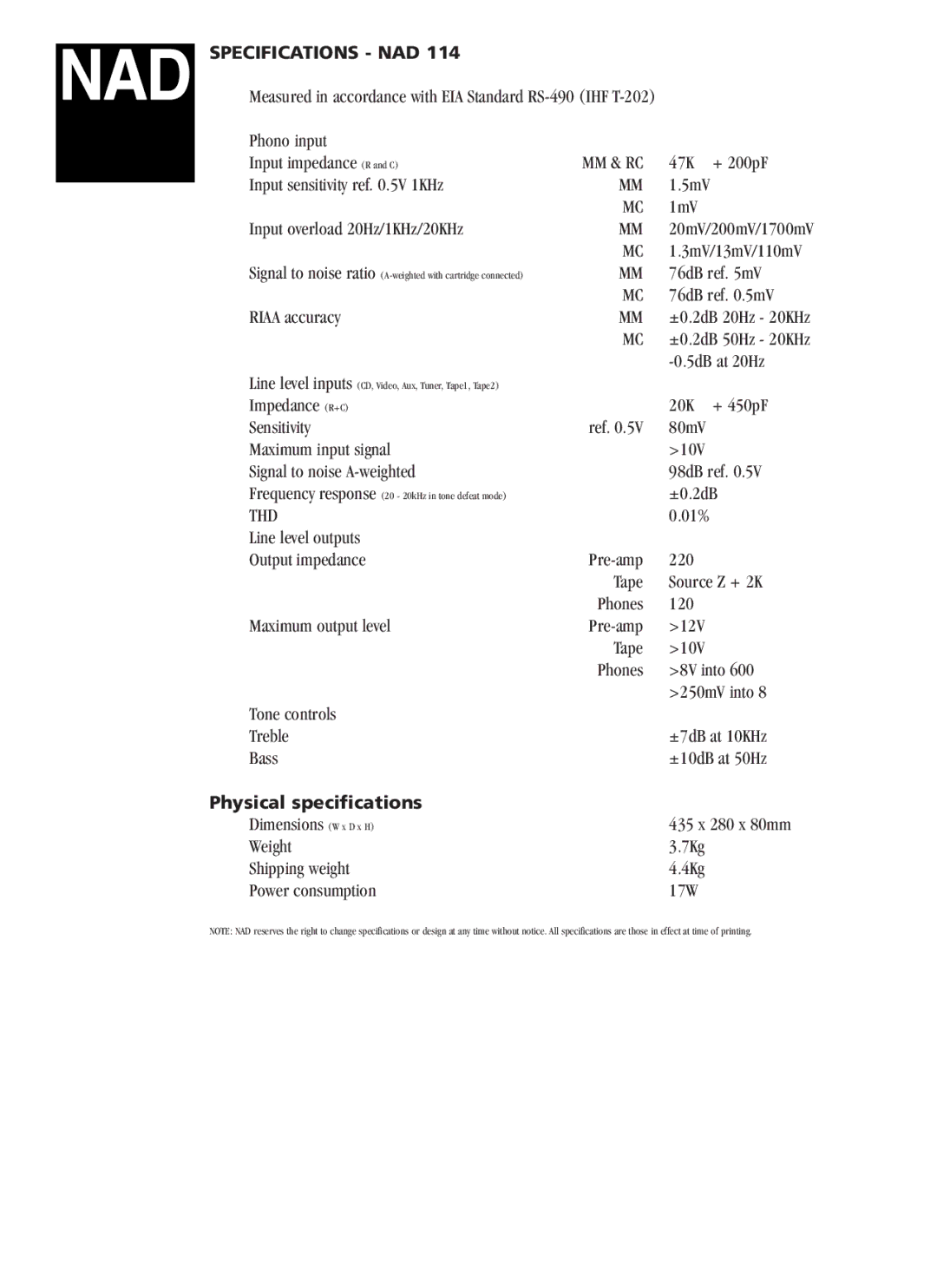 NAD 114 manual Specifications NAD, Thd 