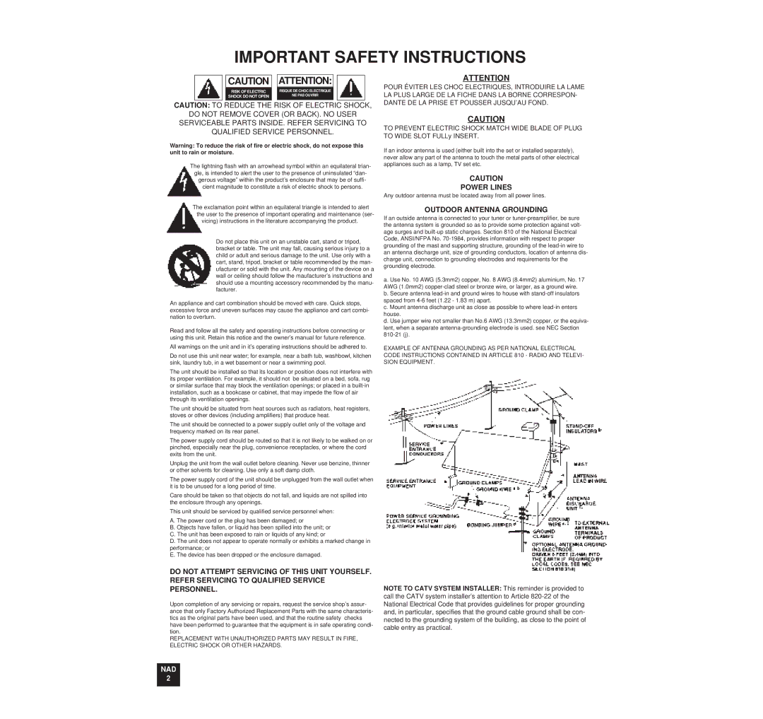 NAD 116 owner manual Power Lines, Outdoor Antenna Grounding 