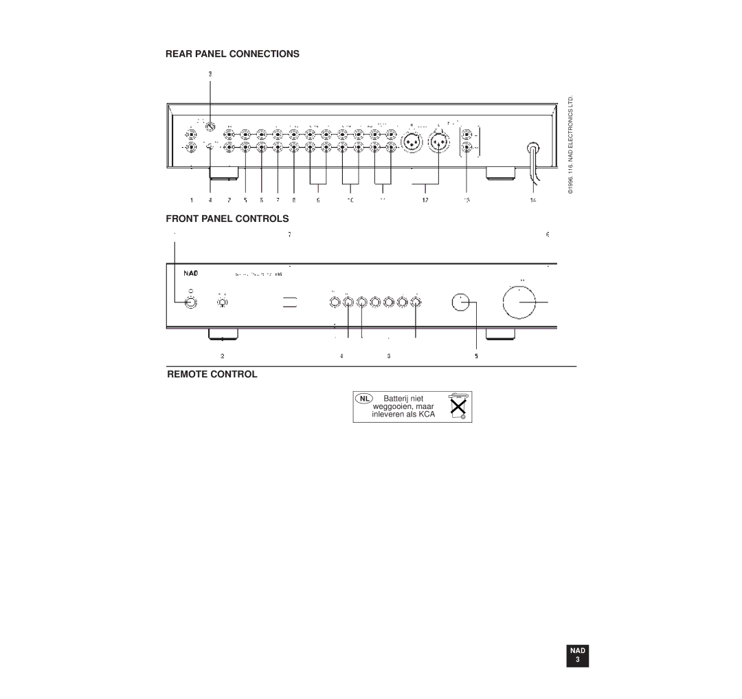 NAD 116 owner manual Rear Panel Connections Front Panel Controls Remote Control 