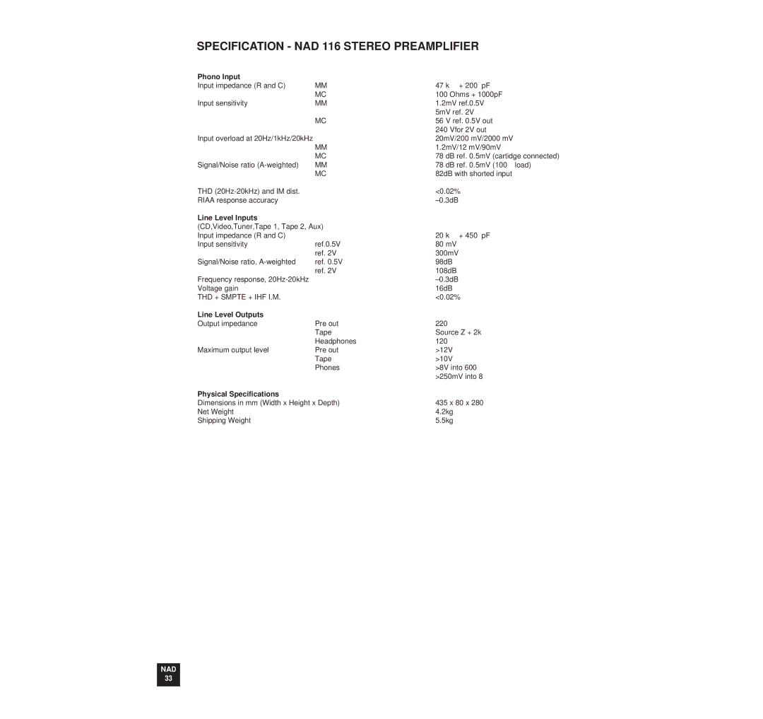 NAD 116 owner manual Phono Input, Line Level Outputs, Physical Specifications 