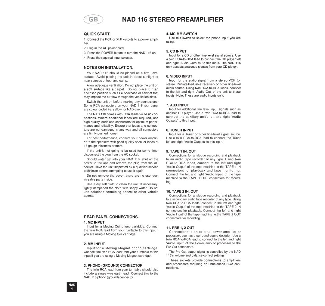 NAD 116 owner manual Quick Start, Rear Panel Connections 