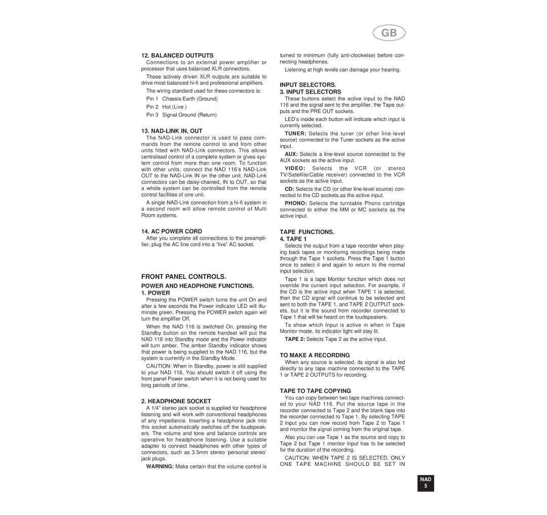 NAD 116 owner manual Front Panel Controls 