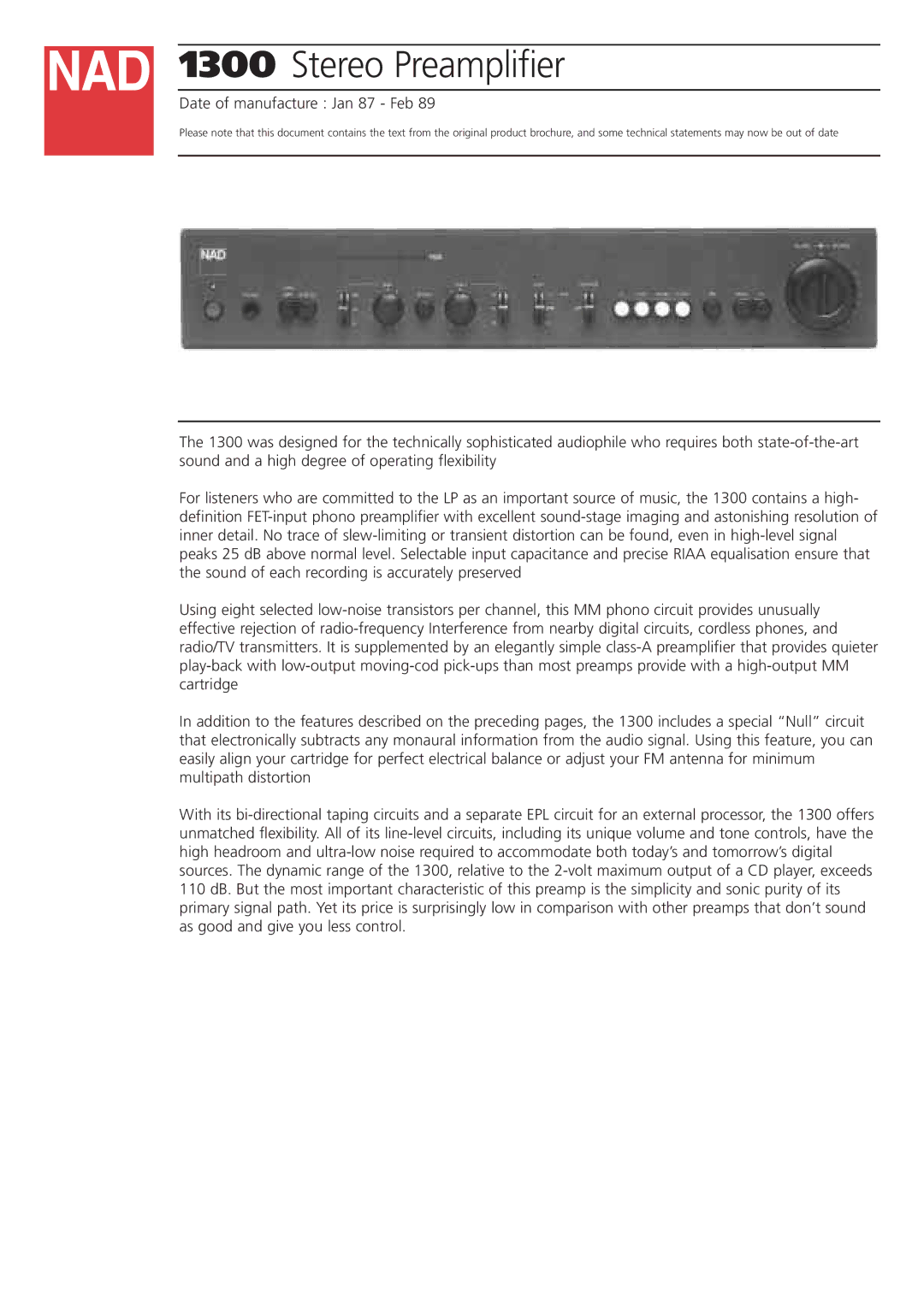 NAD 1300 brochure Stereo Preamplifier, Date of manufacture Jan 87 Feb 