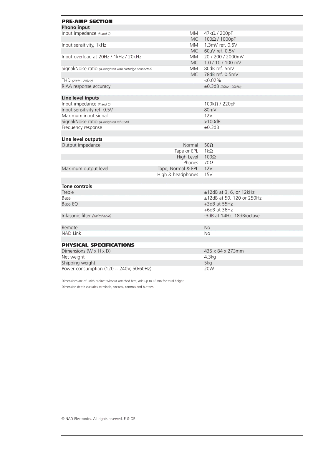 NAD 1300 brochure PRE-AMP Section, Physical Specifications 