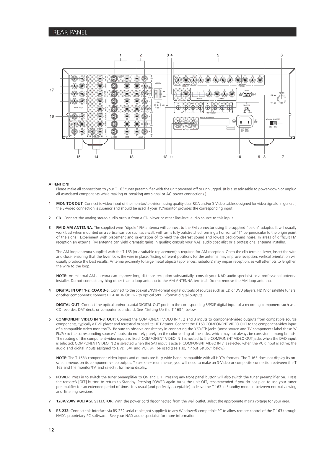 NAD 163AV owner manual Rear Panel 