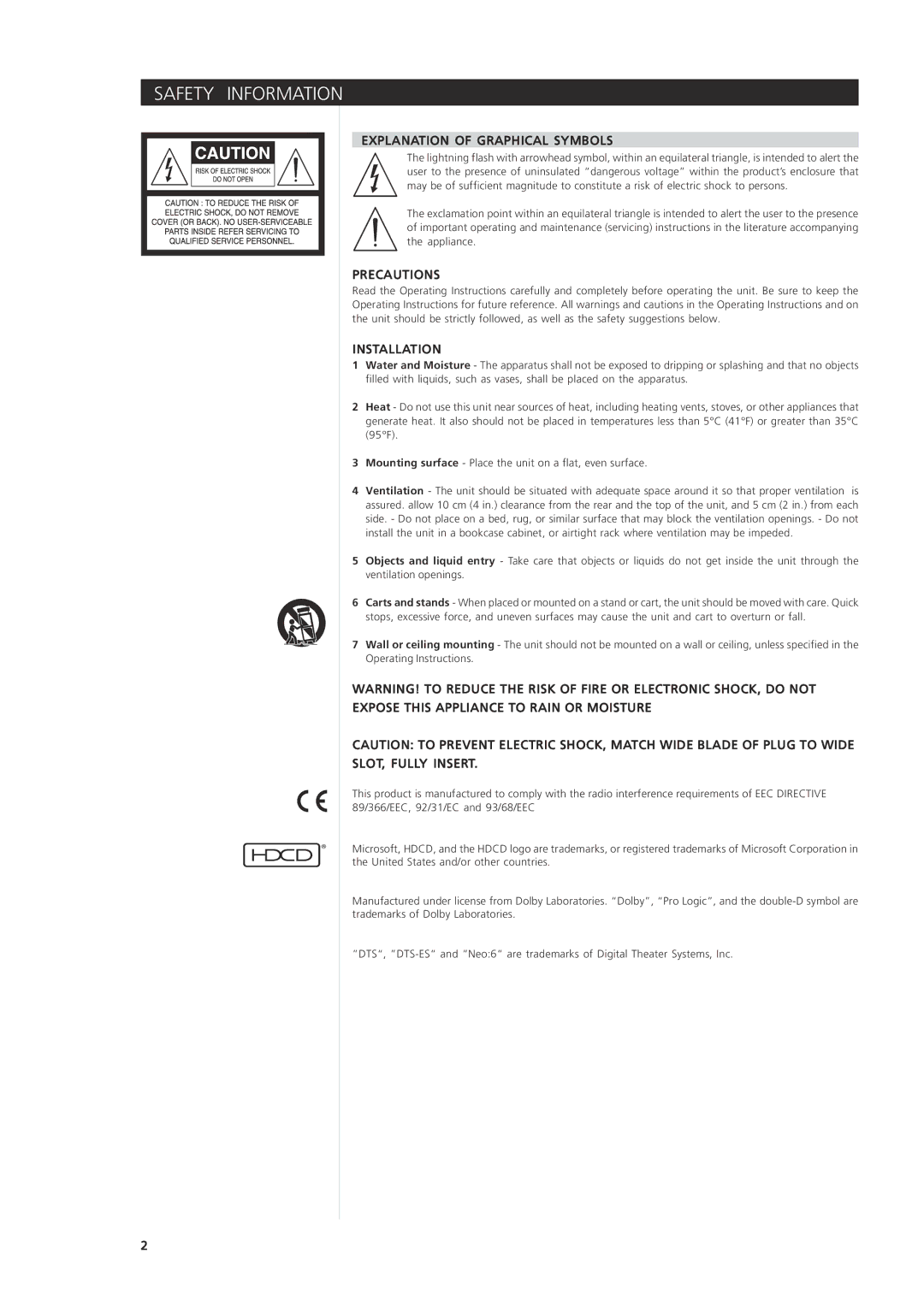 NAD 163AV owner manual Safety Information, Explanation of Graphical Symbols, Precautions, Installation 