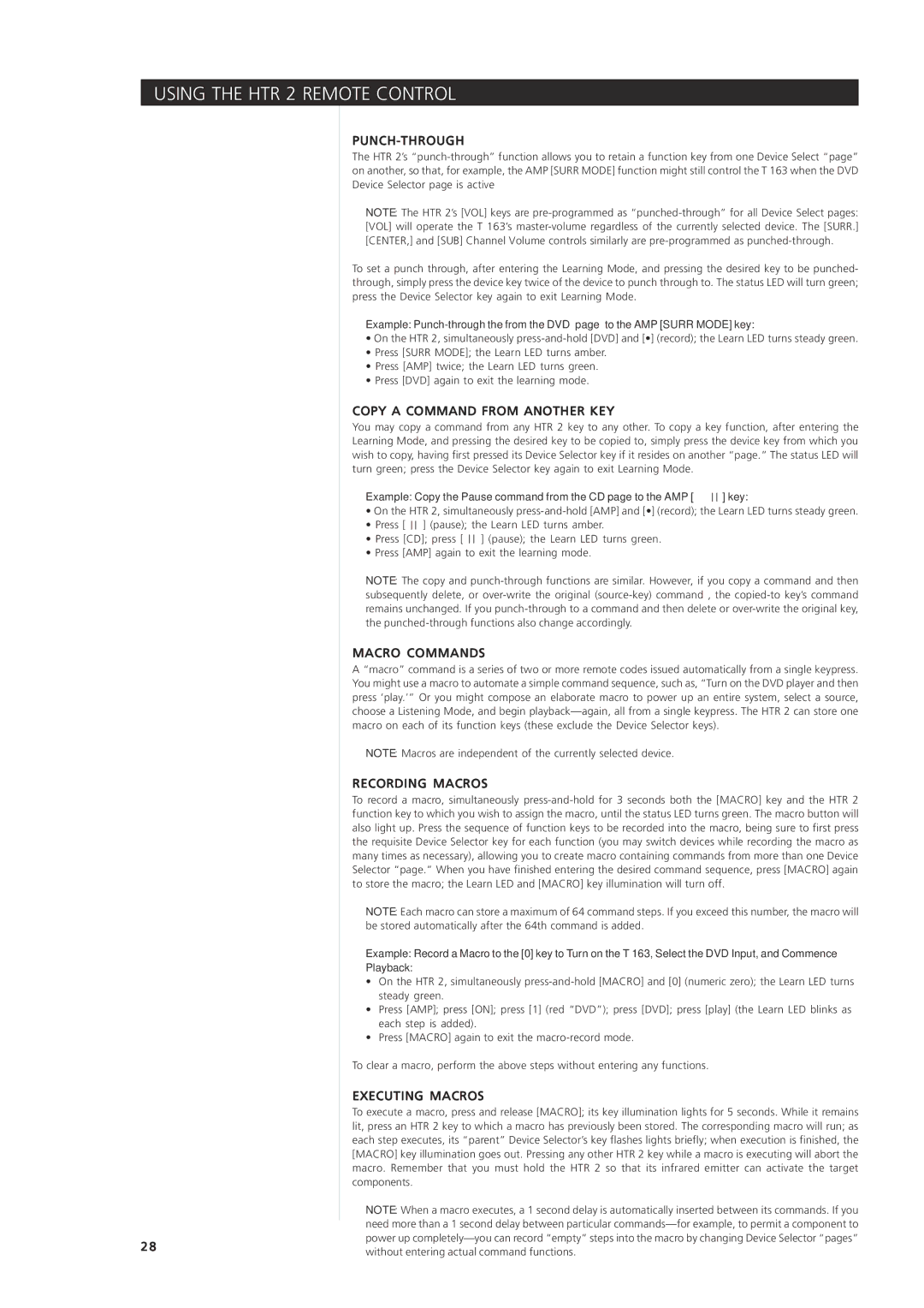 NAD 163AV owner manual Punch-Through, Copy a Command from Another KEY, Macro Commands, Recording Macros, Executing Macros 