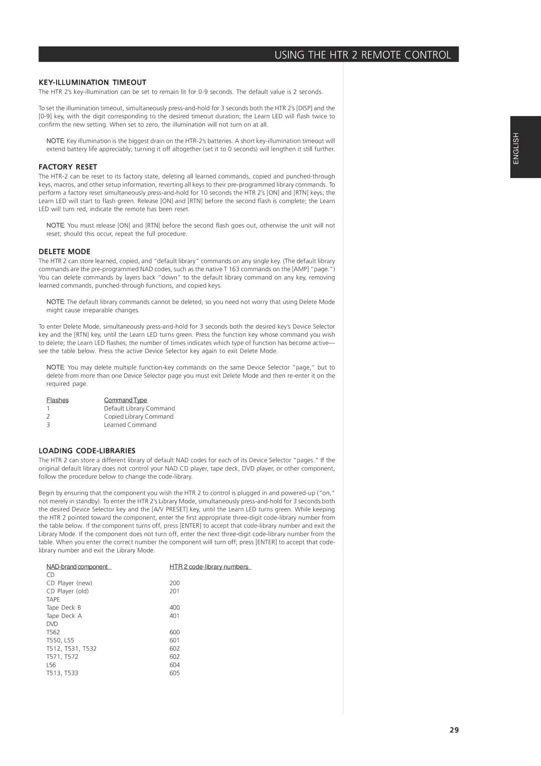 NAD 163AV owner manual KEY-ILLUMINATION Timeout, Factory Reset, Delete Mode, Loading CODE-LIBRARIES 