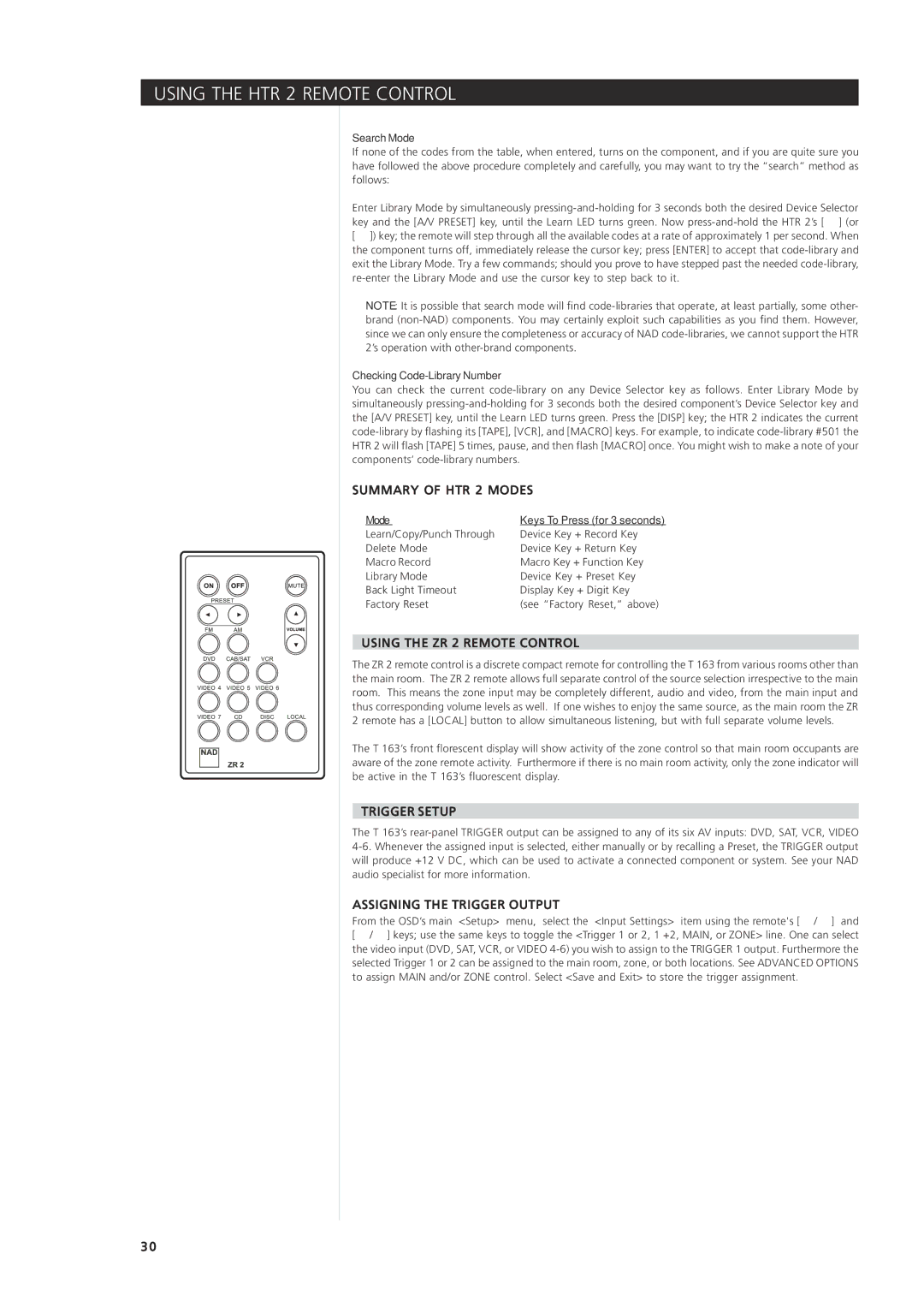 NAD 163AV owner manual Summary of HTR 2 Modes, Using the ZR 2 Remote Control, Trigger Setup, Assigning the Trigger Output 