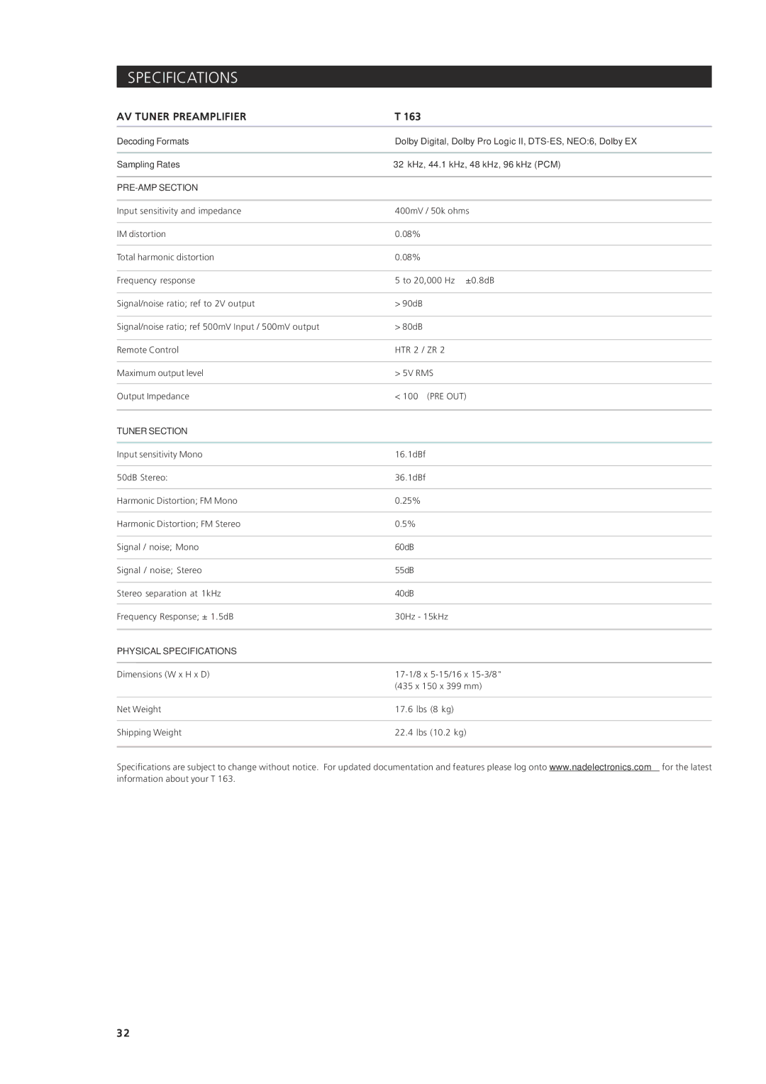 NAD 163AV owner manual AV Tuner Preamplifier, PRE-AMP Section, Tuner Section, Physical Specifications 