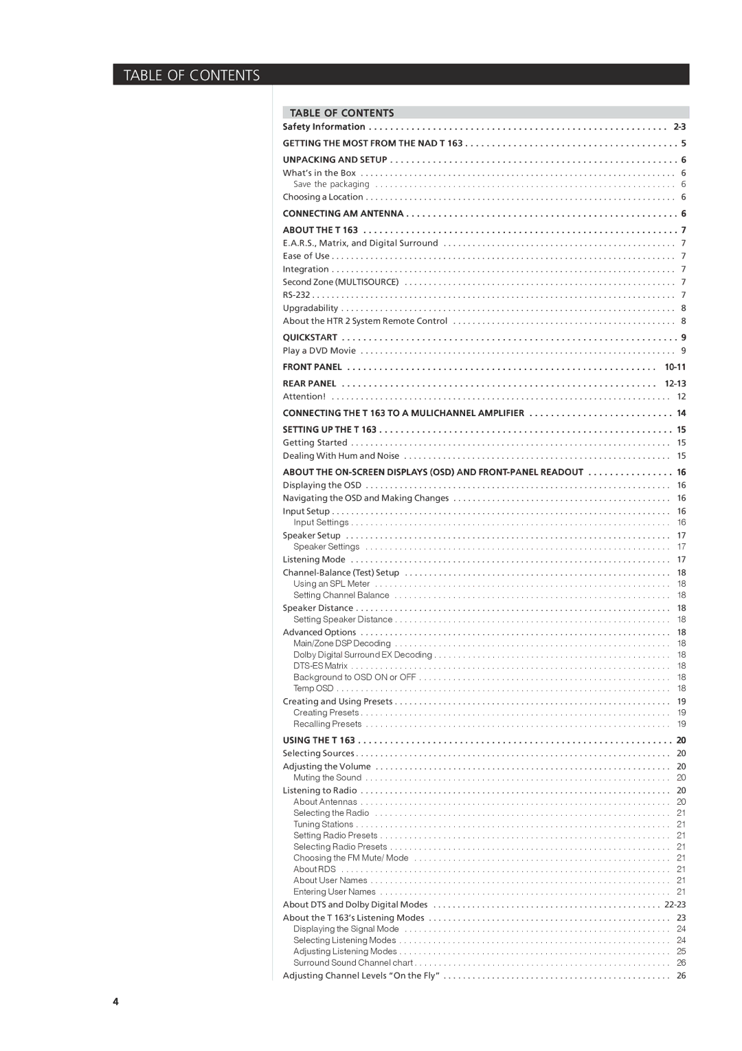 NAD 163AV owner manual Table of Contents 