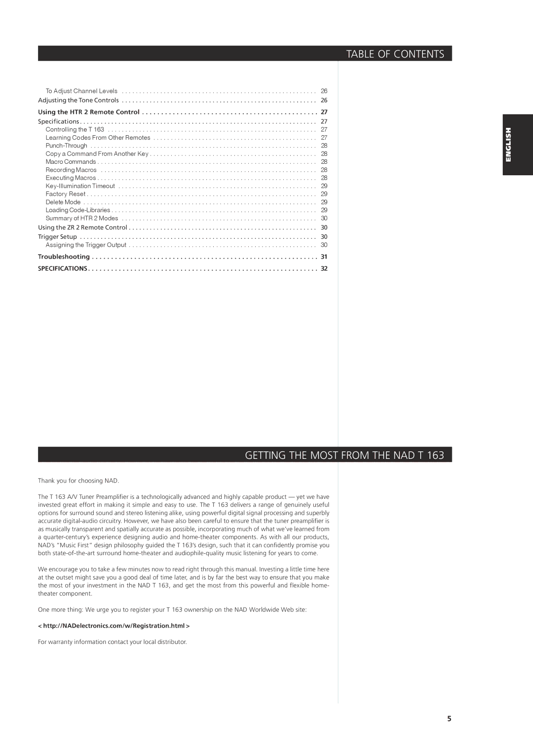 NAD 163AV owner manual Getting the Most from the NAD T, Using the HTR 2 Remote Control, Troubleshooting Specifications 