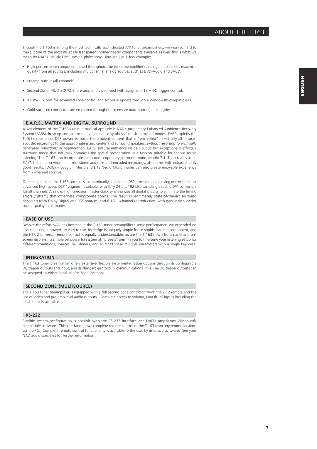 NAD 163AV owner manual About the T, R.S., Matrix and Digital Surround, Ease of USE, Integration, Second Zone Multisource 