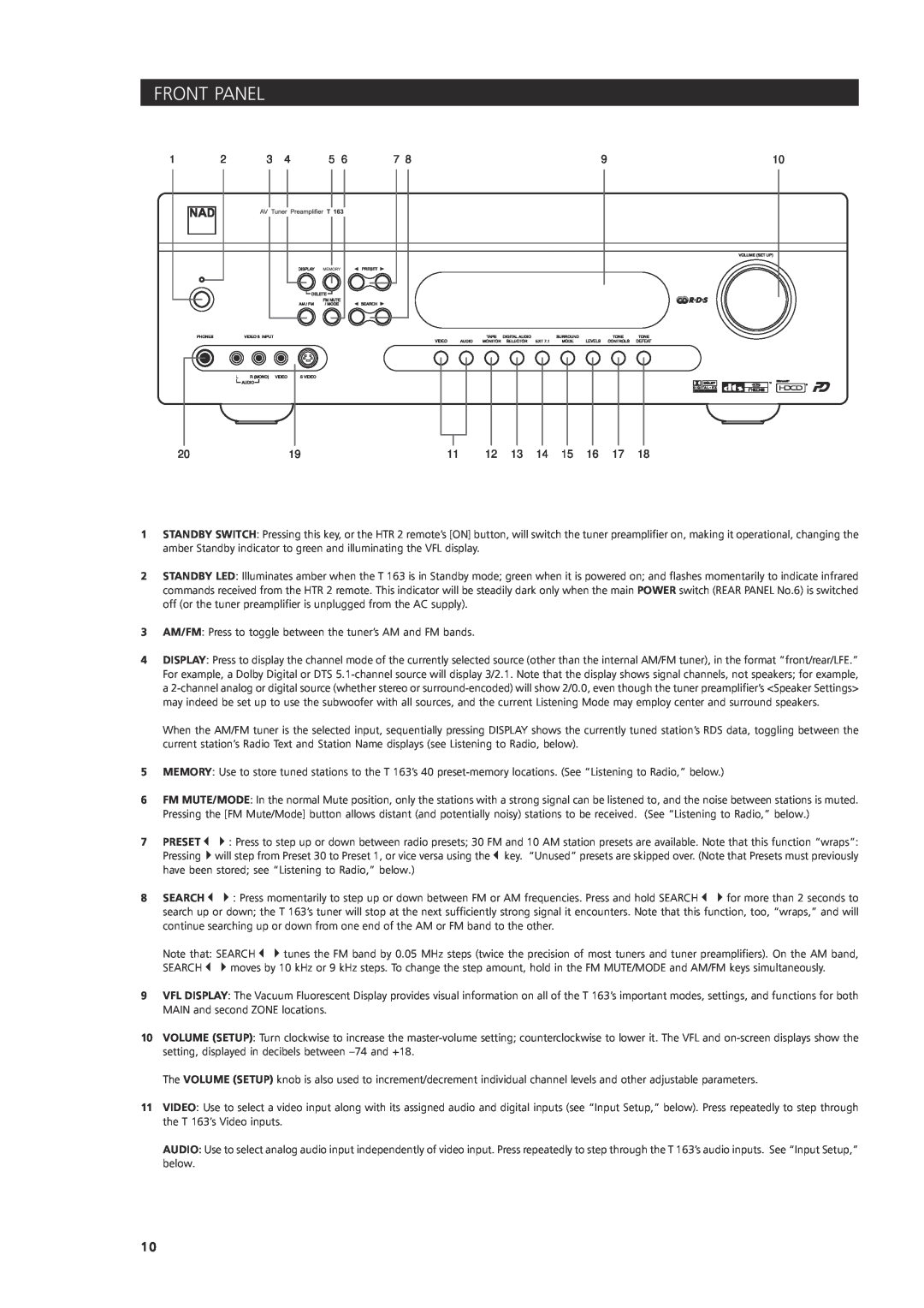 NAD 163AV owner manual Front Panel, Search 
