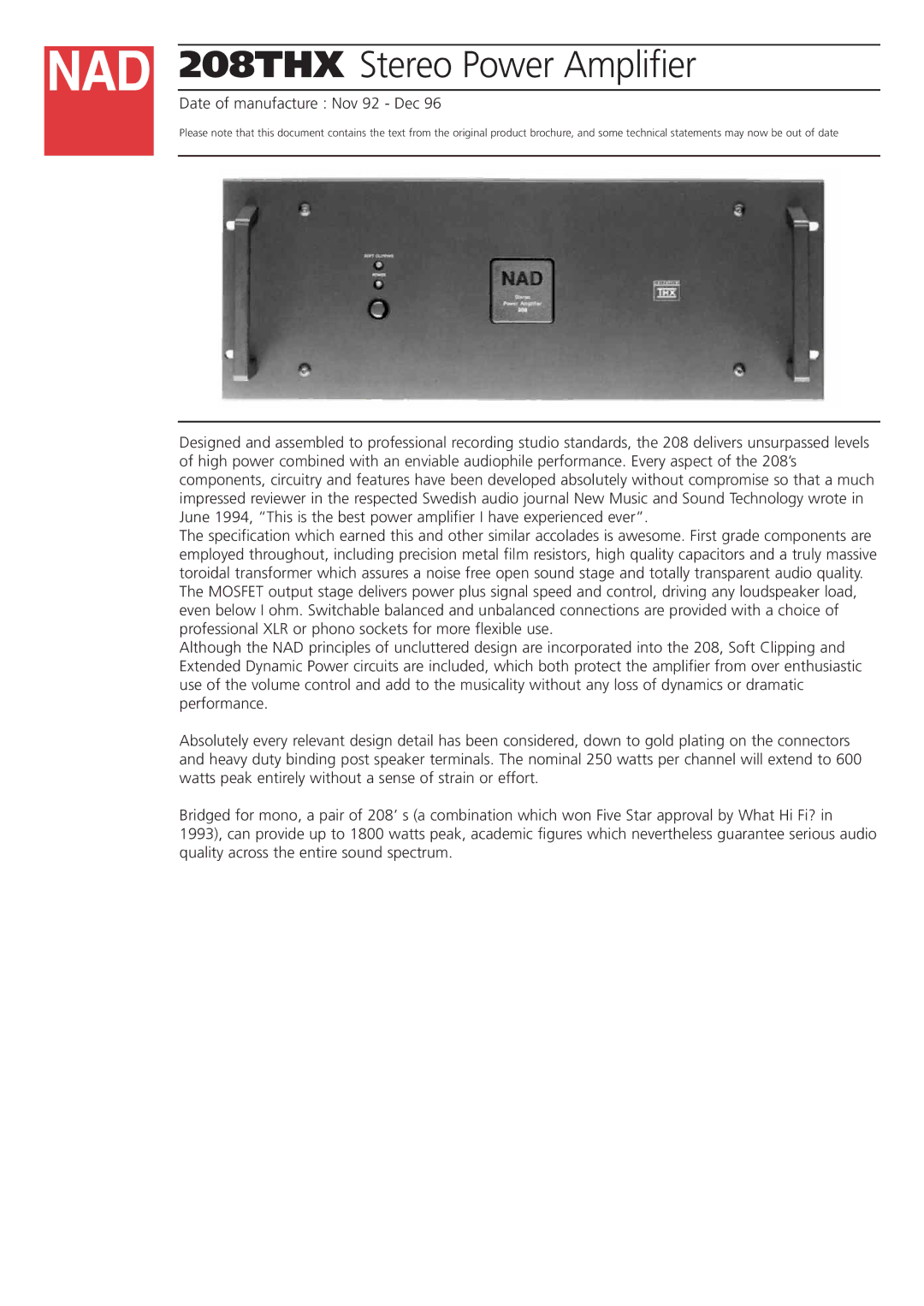 NAD brochure 208THX Stereo Power Amplifier, Date of manufacture Nov 92 Dec 