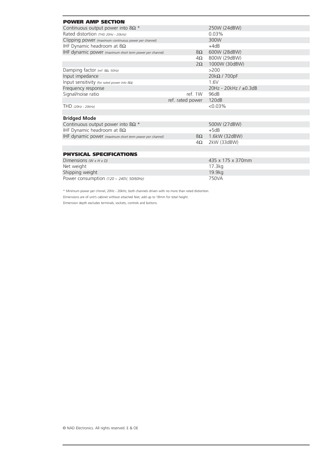 NAD 208THX brochure Power AMP Section, Bridged Mode, Physical Specifications 