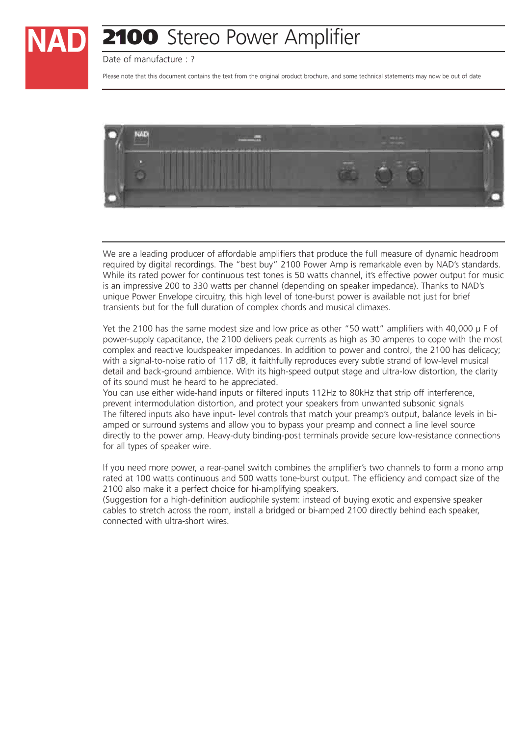 NAD 2100 brochure Stereo Power Amplifier, Date of manufacture ? 