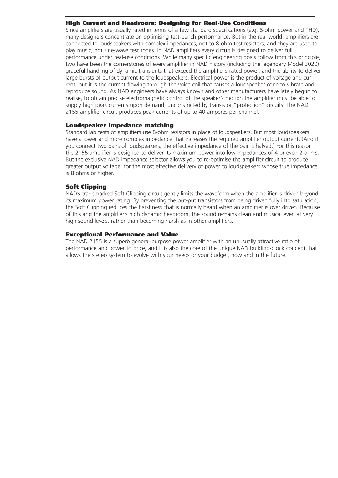 NAD 2155 High Current and Headroom Designing for Real-Use Conditions, Loudspeaker impedance matching, Soft Clipping 