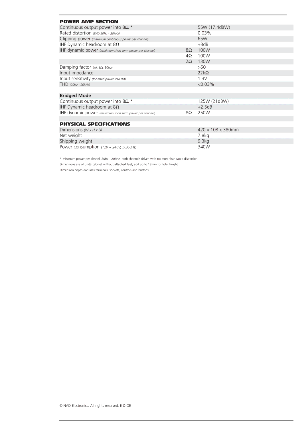 NAD 2155 brochure Power AMP Section, Physical Specifications 