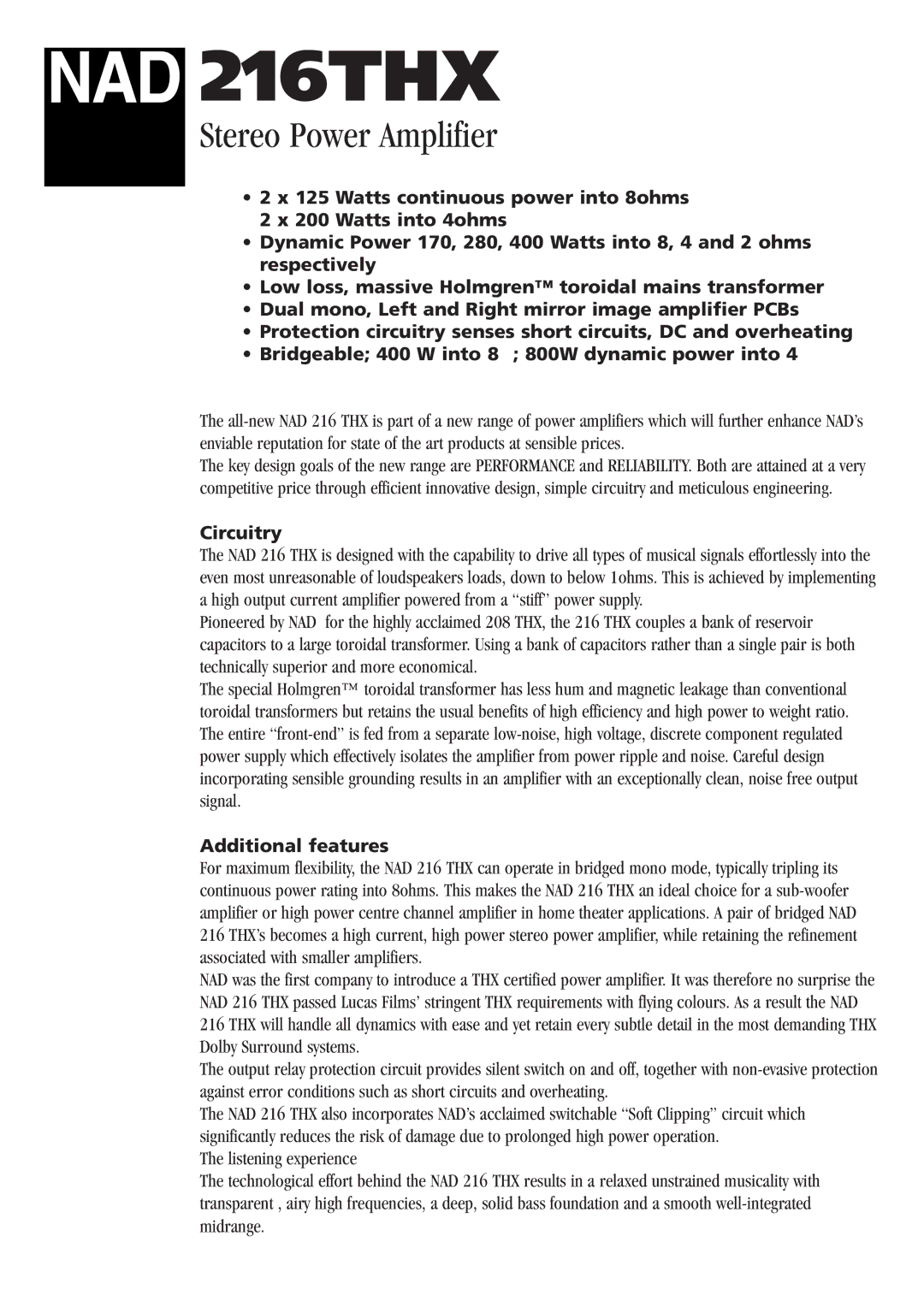 NAD 216THX manual Stereo Power Amplifier, Circuitry, Additional features 