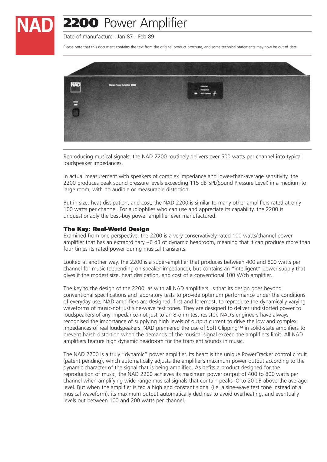 NAD 2200 brochure Power Amplifier, Key Real-World Design 