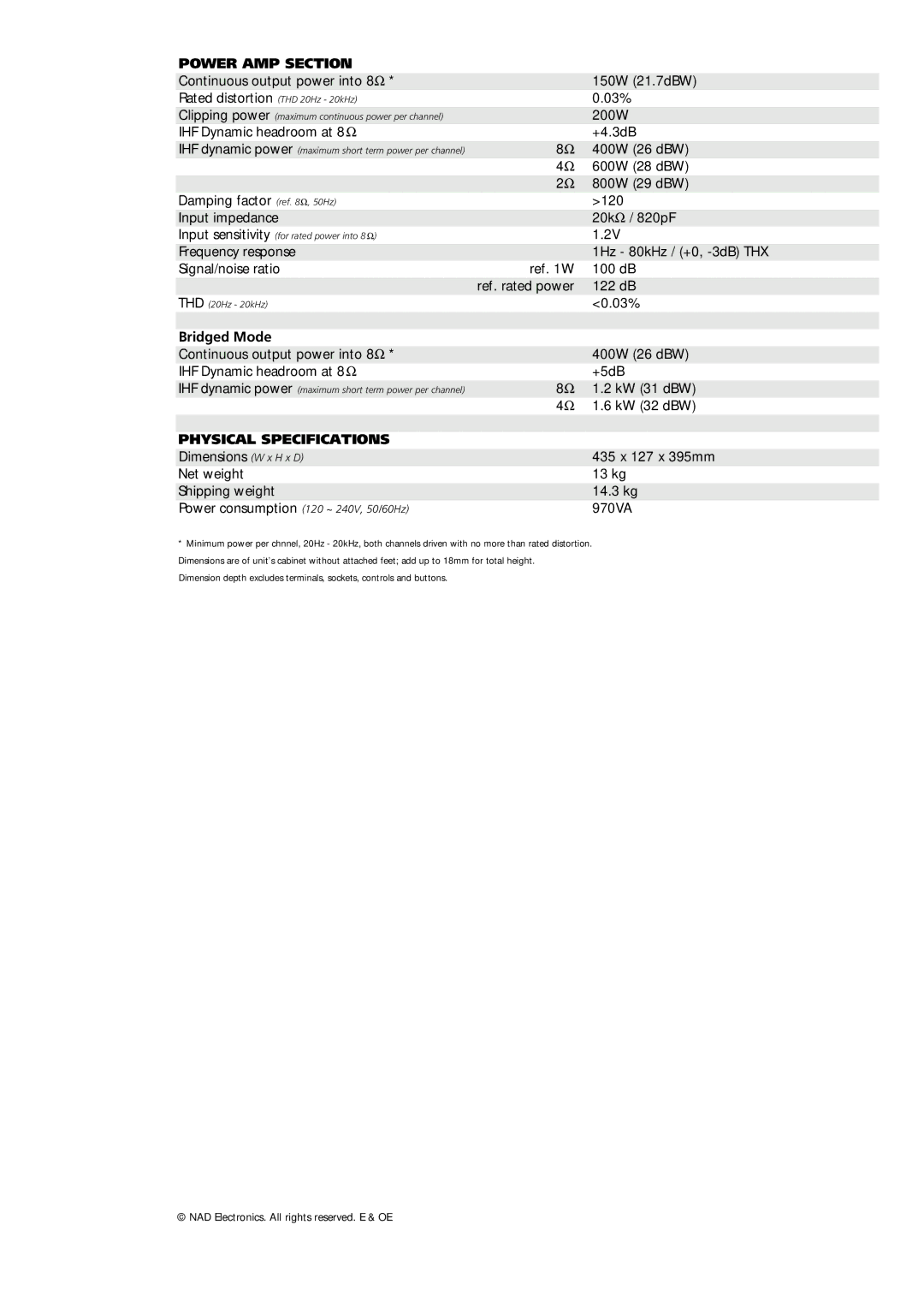 NAD 2700 brochure Power AMP Section, Bridged Mode, Physical Specifications 